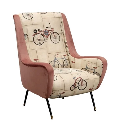 Vintage Armchair Velocipede Printed Fabric Metal Brass Italian Design 1960s - Image 1 of 4
