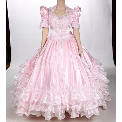 Викторианский вдохновленный розовый свадебные платья ярусный оборки кружева средневековое свадебное платье - Изображение 1 из 4
