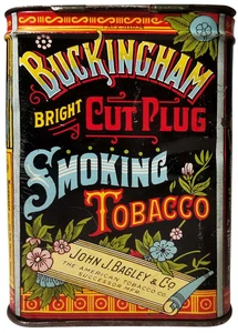 BUCKINGHAM BRIGHT CUT PLUG SMOKING TOBACCO LITHO'D ENML TIN, JOHN J. BAGLEY & CO - Picture 1 of 15