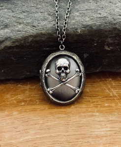 Skull & Crossbones Locket Necklace, Gothic Halloween Witch Pillbox Stash Pendant - Picture 1 of 5