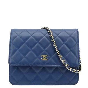 CHANEL Square Wallet On Chain Quilted Leather Crossbody Bag Blue - Picture 1 of 12