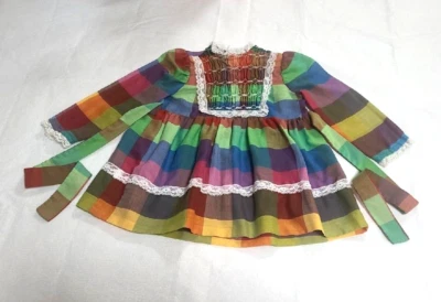 Polly Flinders Plaid Smocked Lace Bib Dress 3T 1970s Tie Long Sleeve Peasant - Image 1 of 4