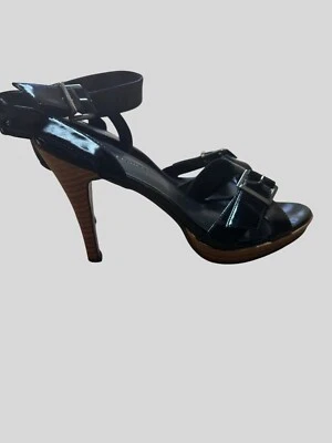 Pierre Dumas 9 Black Patent Leather High Stiletto Heel Sandals With Ankle Strap - Image 1 of 4