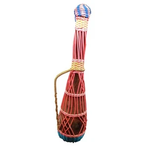 Vintage Woven Glass Bottle With Pink & Blue Straw Design And Handle - Picture 1 of 5