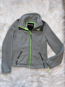 HOLLISTER WOMENS S SMALL GRAY FLEECE JACKET GREEN TRIM SOFT FULL ZIP LONG SLEEVE - Picture 1 of 5