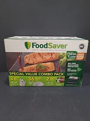 Paquete combinado de sello al vacío FoodSaver valor especial 3 rollos/36 bolsas de cuartos precortadas/ Foto 1 de 4