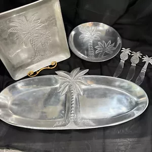 Lot of 3 Cast Aluminum/Pewter Serving Dishes PALM TREE DECOR +3 Spread Knives - Picture 1 of 10