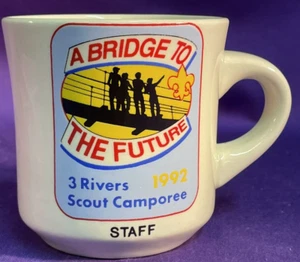 Boy Scout BSA Coffee Mug Cup A BRIDGE TO THE FUTURE 1992 3 RIVERS CAMPOREE STAFF - Picture 1 of 9