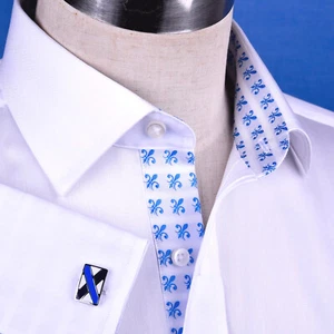 White Herringbone Business Dress Shirt With Fluer-De-Lis Inner Lining Fashion - Picture 1 of 12
