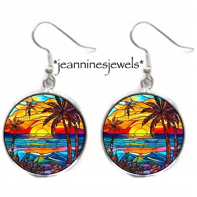Pendientes Playa Caribeña Puesta de Sol FAUX Vidrieras IMPRESIÓN ARTÍSTICA Plata Dije Cuelga Foto 1 de 4