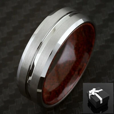 8mm Silver Tungsten w/ Grooved Line & Koa Wood Men's Wedding Band Ring - Image 1 of 4