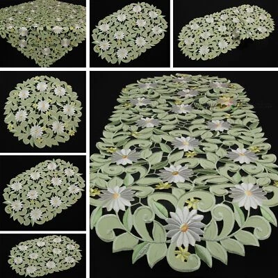Green Doily Table runner Tablecloth White Marguerite Openwork/Cutwork Embroidery - Image 1 of 2