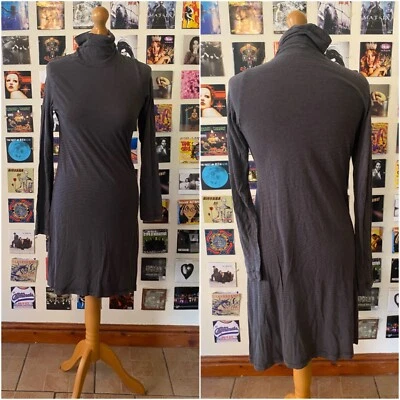 Vestido Vintage Años 90 Y2K Copino Gris Negro Rayas Cuello Tortuga Cuello Alto Foto 1 de 4