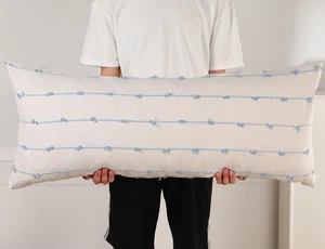 Long Lumbar Throw Pillow Cover 16x36,Stripe Pattern Cotton Blue Boho Extra Lo... - Picture 1 of 5