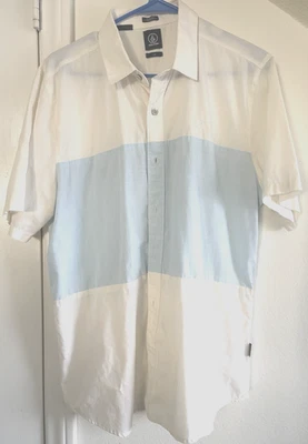 Volcom Shirt White & Blue Men Slim Fit L Button Up Short Sleeve Embroidered Logo - Image 1 of 4