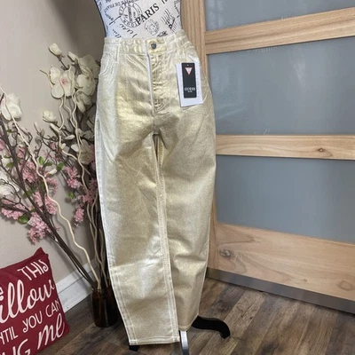 NWT Guess Mom Mid Kia Pants Gold Metallic Faux Leather High Rise W31 L28 - Image 1 of 4