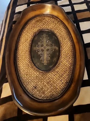 Antique Oval Brass & Wicker Inlay Tea Table Butler’s Serving Tray 26" x  17.5" K - Image 1 of 4