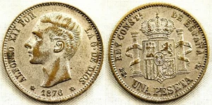 Faux Epoca. Alfonso XII 1 Pesetas 1876* 18-76. EBC / XF 4,4 (G) . Rare So - Picture 1 of 1
