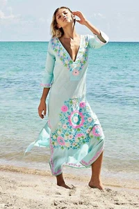 Debbie Katz Taliah 100% Airy Cotton Embroidered Maxi Tunic in Sea Multi sz L - Picture 1 of 13