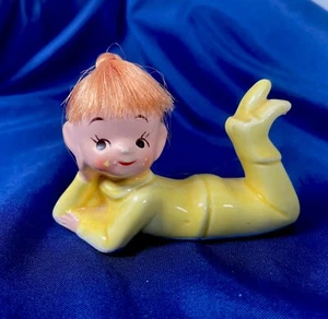 Vintage Girl Pixie Elf Figurine Yellow Ceramic w/ Red Hair Mid-Century Fairy - Picture 1 of 12