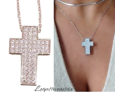 Collana donna con croce steel pave' zirconi bianchi brillante +confezione regalo - Immagine 1 di 4