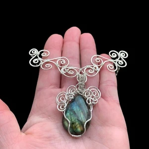 Labradorite Gemstone Jewelry 925 Silver Wire Wrap Filigree Chain Necklace Gift - Picture 1 of 5