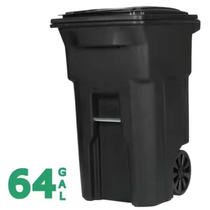 64 Gallon Black Rolling Outdoor Garbage Trash Can with Wheels and Attached Lid - Picture 1 of 11
