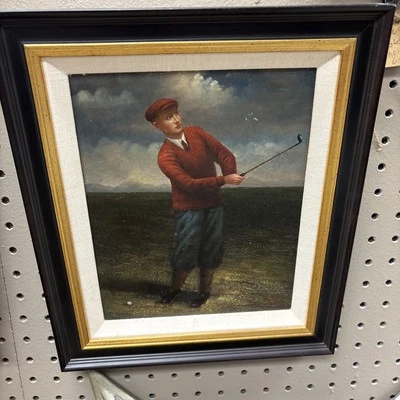 Винтажная картина маслом джентльмен гольфист викторианское платье пейзаж - Изображение 1 из 4
