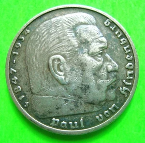 1935 GERMAN 5-MARK SILVER COIN Paul Von Hindendburg THIRD REICH Very Nice - Imagen 1 de 2