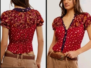 Camisa Top Free People Bella Abotonada Talla Grande Floral Boho Mangas Abullonadas - Imagen 1 de 8