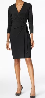 Anne Kline женщин 3/4 рукав черный WrapDress размер 16 эластичный колена платье - Изображение 1 из 2