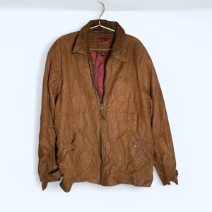 ECKO UNLTD Y2K Genuine Real Leather Heavy Jacket Size L Tan Brown Full Zip - Picture 1 of 24