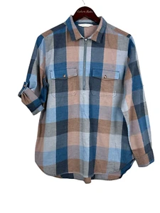 Woolrich Damen Gr. L Flanell Hemd Oberteil blau braun Reißverschluss kariert Baumwollmischung N1 - Bild 1 von 12
