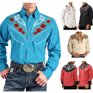 Mens Fashion Buttons Shirts Western Cowboy Shirt Long Sleeve Retro Printed Shirt - Picture 1 of 20