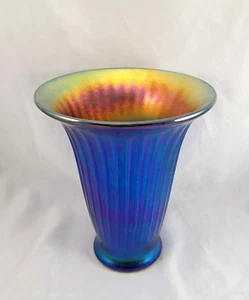 Lundberg Studios Art Glass 8.75" Blue Luster*Gold Aurene Iridescent Flared Vase - Picture 1 of 12