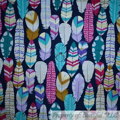 BonEful FABRIC FQ Cotton Quilt Blue Rainbow Gold Feather Indian Dream Catcher US - Image 1 of 4