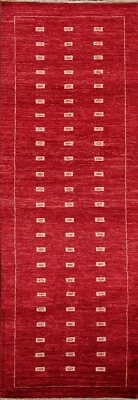 Modern Geometric Gabbeh Kashkoli Oriental RED Runner Rug Hand-knotted Wool 3'x8' - Image 1 of 4