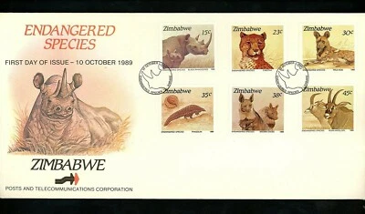 Postal History Zimbabwe FDC #594-599 Endangered Animals wildlife rhino cat 1989 - Image 1 of 3