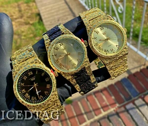 OROLOGIO DA UOMO BLING HIP HOP GOLD PT LUSSO BLING QUADRANTE COLORATO SET DA BRACCIALE - Foto 1 di 16