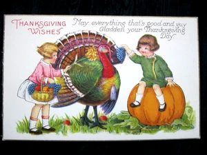 Vintage Postkarte Clapsaddle THANKSGIVING Wünsche SÜSSE Kinder & Truthahn Kürbis - Bild 1 von 2