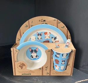 Childrens Bamboo Dinner Set Dog Design Plate Bowl Cup Fork Spoon Bambootique NEW - Picture 1 of 4