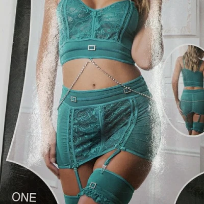 Lencería para mujer G World 3 piezas bustier con falda liguera cadena perla turquesa verde azulado Foto 1 de 4