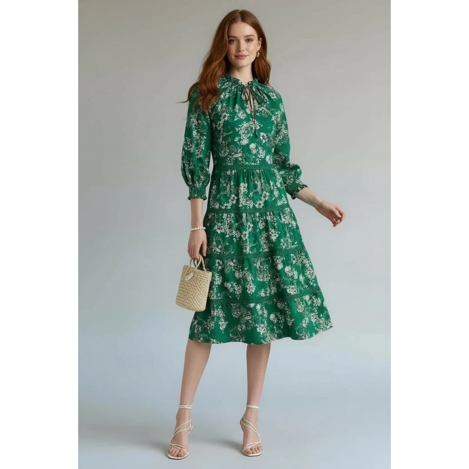 Vestido midi Alice+Olivia verde floral en capas manga larga cuello atado talla S Foto 1 de 4