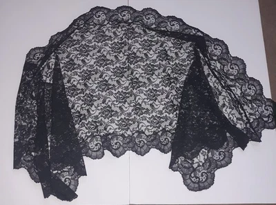 Mantilla de luto de encaje negro intrincado victoriano antiguo chal 23,5x58" Foto 1 de 4