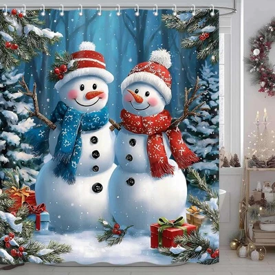 Muñeco de Nieve de Navidad Cortina de Ducha, Árbol de Navidad Invierno Bosque Rústico Granja Baño  Foto 1 de 4