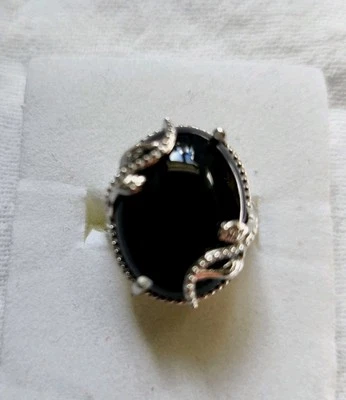 Black Onyx Leaf Detailed Ring Size 6 Platinum Plated - Image 1 of 4