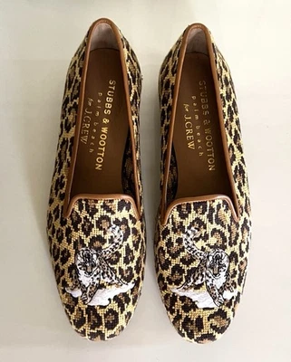 NUEVO EN CAJA Mocasines Stubbs & Wootton / J Crew talla 8 Kitty True Leopard punta de aguja $398 Foto 1 de 4