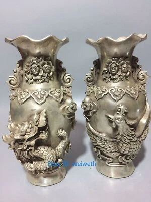 Collection old Tibet silver Vase Handwork carved dragon&Phoenix w Qianlong Mark - Image 1 of 4