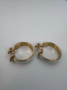 MONET Gold tone Beige Enamel HOOP French Clip Pierced Earrings 60's - Picture 1 of 4