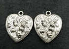 Puffy Heart Pendant Charms 1 1/8" Lot of 2 Silver Tone Metal Raise Floral Design